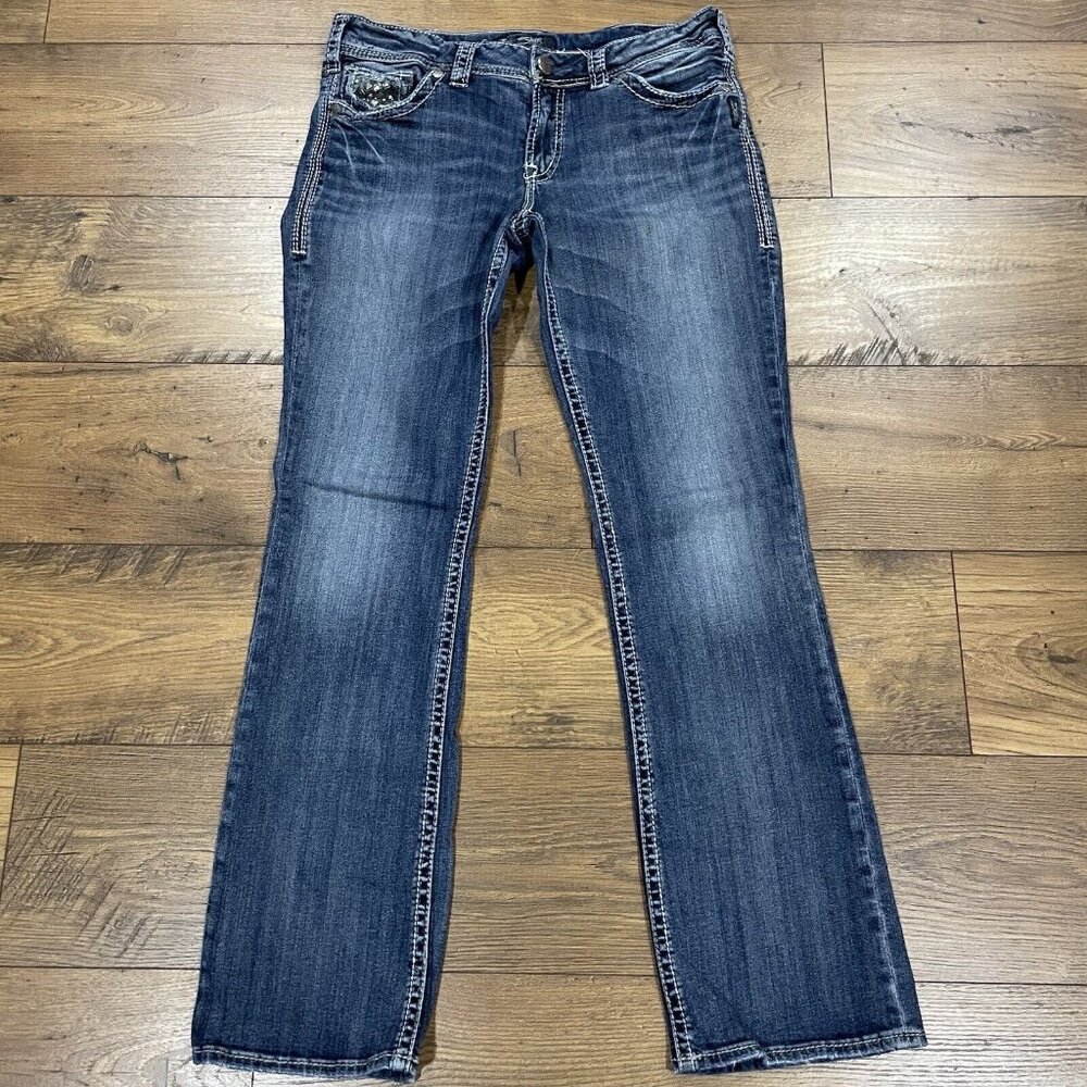 Silver Jeans Womens 32 Suki Flap 17" Bootcut‎ Distressed Studded Pockets Stretch